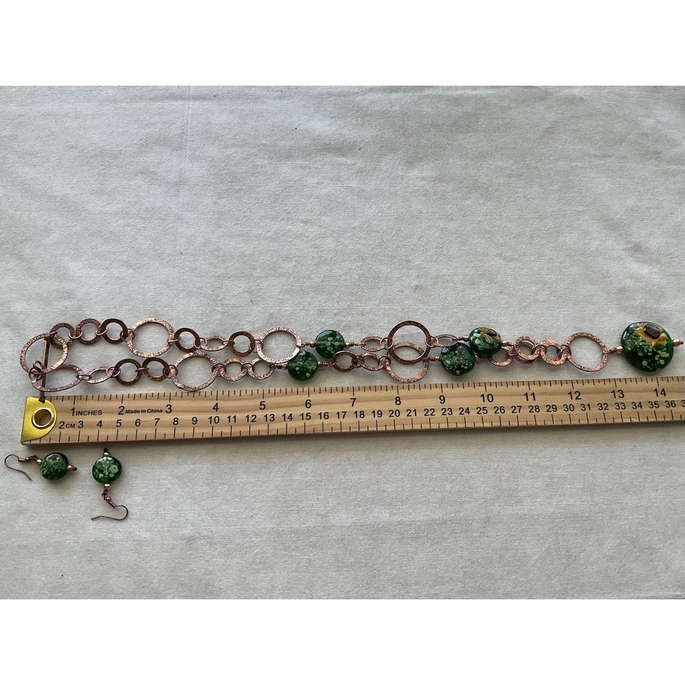 artisan copper and green glass jewelry set Earrings + Necklace Vintage Estate - Picture 5 of 8
